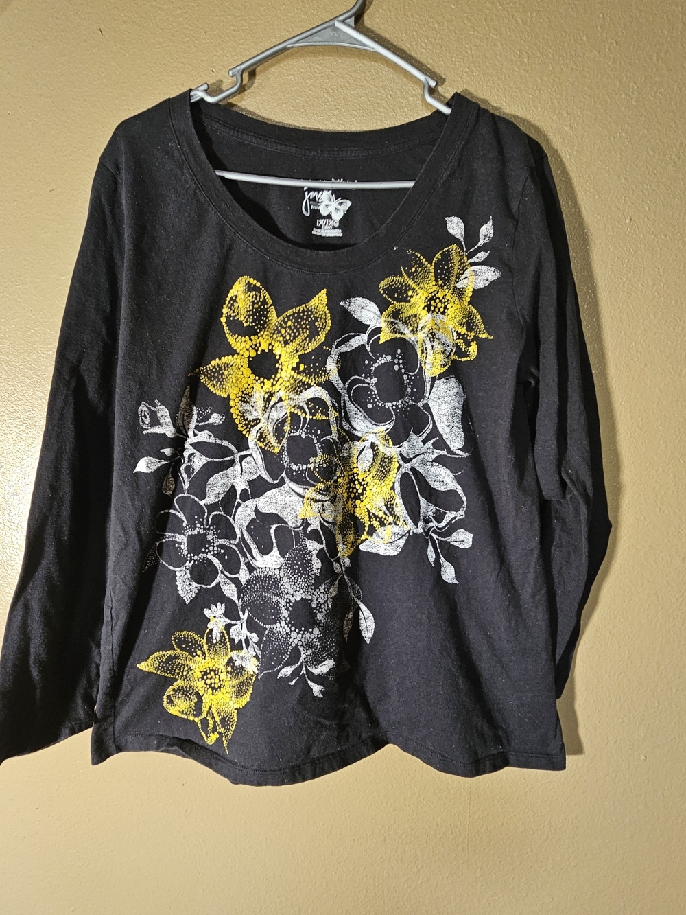 Just My Size Black Long Sleeve Top with Yellow and White Floral Print